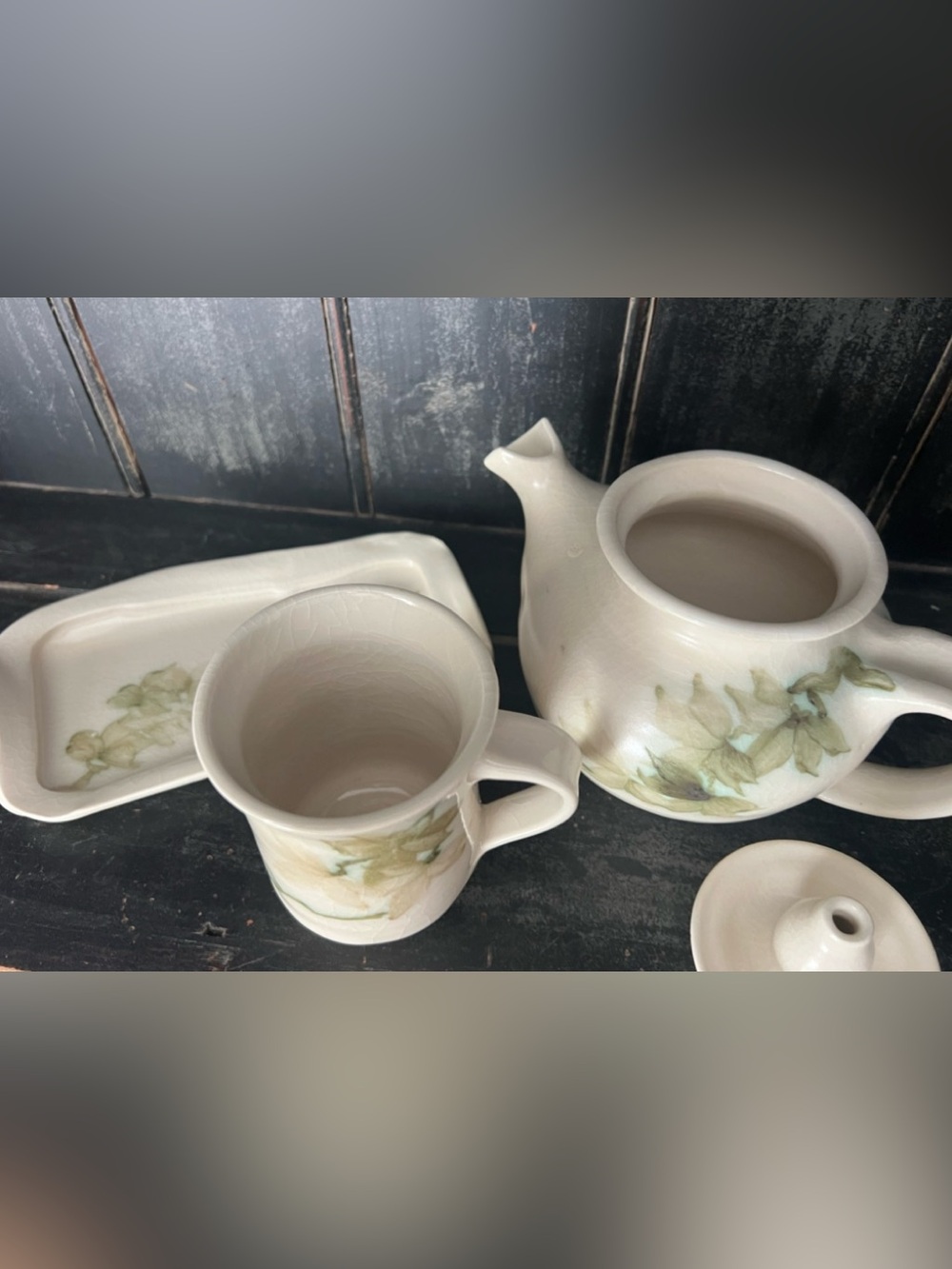 Pottery set (4) pieces  Teapot , mug , tray